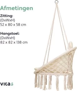 Vita5 Macramé Hangstoel - Voor Binnen En Buiten - Zonder Standaard - Incl. Kussen, Boekenvak En Beschermhoes - Tot 150kg - Beige -Tuinverzorgings Winkel 1020x1200
