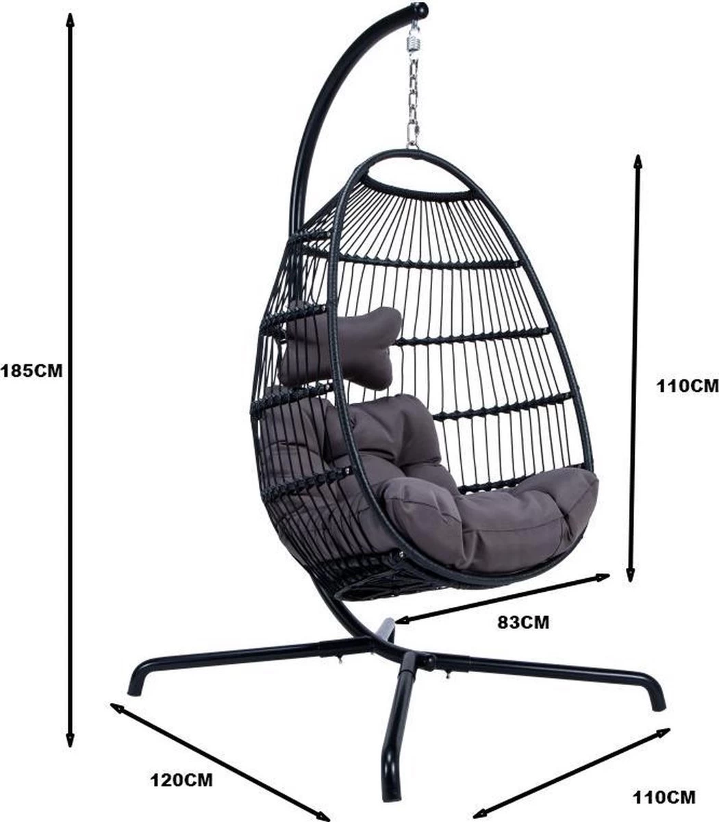 Merkloos Hangstoel Norway - Zwart Wicker & Touw Luxe Egg Hangstoel Met Dikke Antraciete Kussens Met Frame - Inklapbare Basket 4 Merkloos Hangstoel Norway - Zwart Wicker & Touw Luxe Egg Hangstoel Met Dikke Antraciete Kussens Met Frame - Inklapbare Basket - Afbeelding 2