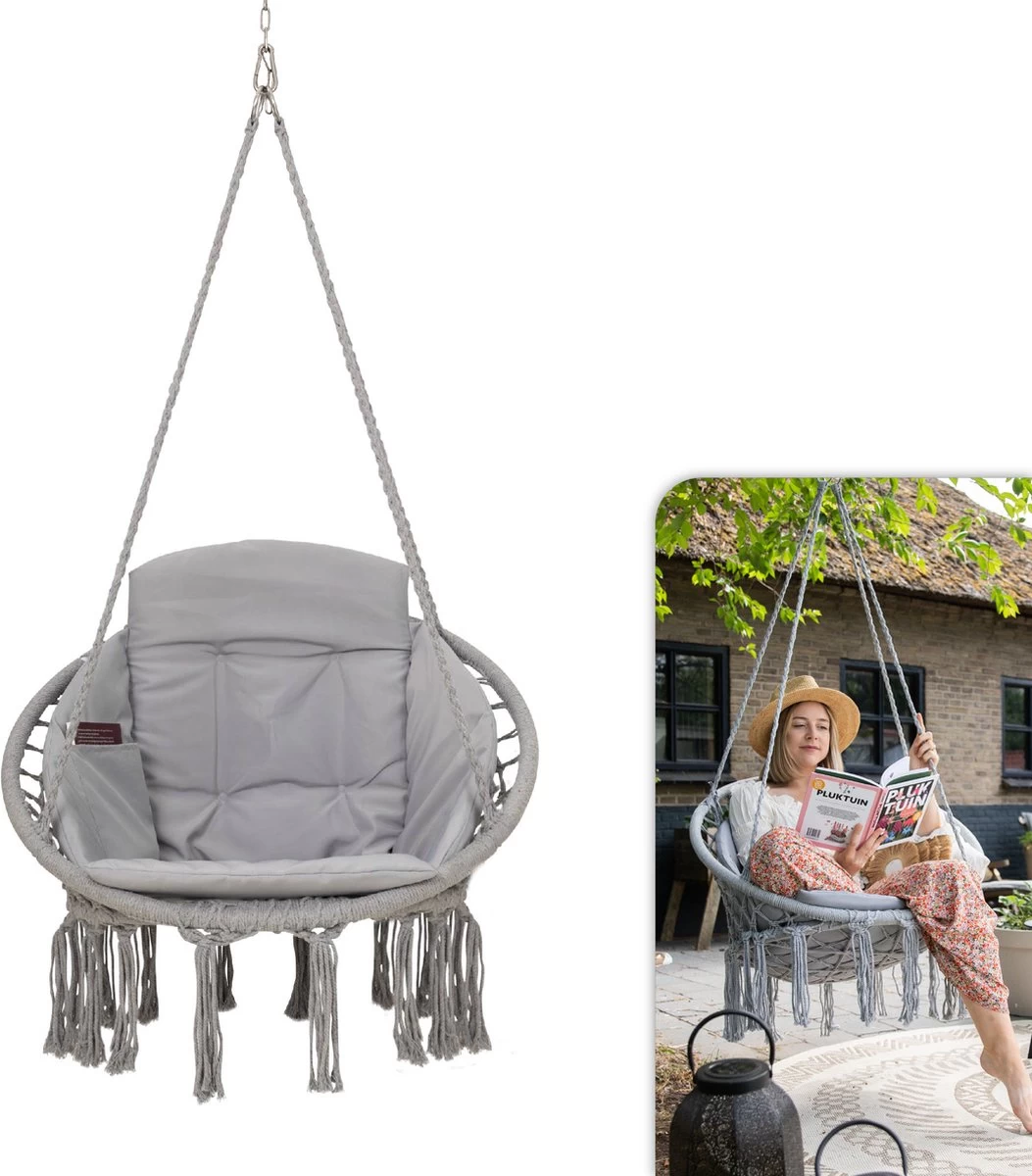 Vita5 Macramé Hangstoel - Voor Binnen En Buiten - Zonder Standaard - Incl. Kussen, Boekenvak En Beschermhoes - Tot 150kg - Grijs 3 Vita5 Macramé Hangstoel - Voor Binnen En Buiten - Zonder Standaard - Incl. Kussen, Boekenvak En Beschermhoes - Tot 150kg - Grijs
