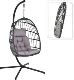 Pro Garden Lowander Hangstoel Egg 191x126x126- Schommelstoel Met Rattan Cocoon En Robuust Stalen Standaard Incl. Kussens - Volledig Inklapbaar - Lichtgrijs -Tuinverzorgings Winkel 1116x1200