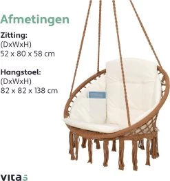 Vita5 Macramé Hangstoel - Voor Binnen En Buiten - Zonder Standaard - Incl. Kussen, Boekenvak En Beschermhoes - Tot 150kg - Bruin/Beige -Tuinverzorgings Winkel 1125x1200