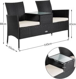 Casaria Polyrattan Tuinbank - Incl. Kussen - 143x55x88 Cm Zwart -Tuinverzorgings Winkel 1150x1200