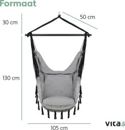 Vita5 XXL Hangstoel | Binnen&Buiten Hangnest | Incl. 2 Kussens En Boekenvak | Volwassenen&Kinderen | Hangmatstoel Tot 225kg | Grijs -Tuinverzorgings Winkel 1159x1200 3