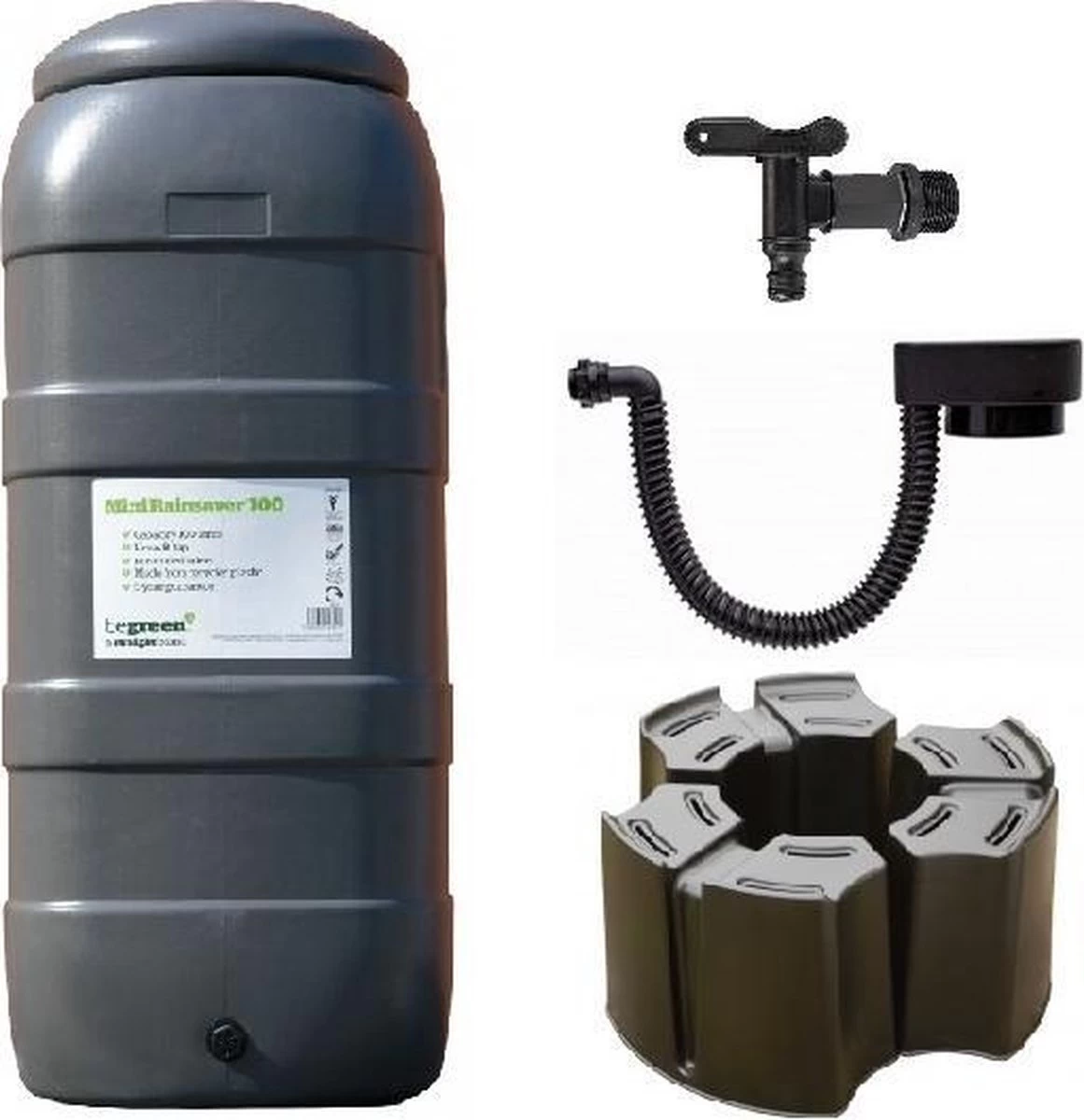 Luxe Voordeelset 100L Antraciet Rainsaver Regenton + Kraan + Voet + Vulautomaat| Muurmodel 3 Luxe Voordeelset 100L Antraciet Rainsaver Regenton + Kraan + Voet + Vulautomaat| Muurmodel