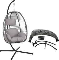 Pro Garden Lowander Hangstoel Egg 191x126x126- Schommelstoel Met Rattan Cocoon En Robuust Stalen Standaard Incl. Kussens - Volledig Inklapbaar - Lichtgrijs -Tuinverzorgings Winkel 1185x1200 2