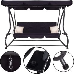 Springos Schommelbank | Linda-Schommel | 3-zits | Waterafstotend | Inclusief 2 Kussens | Verstelbare Luifel | 162 X 200 X 120 Cm | Zwart -Tuinverzorgings Winkel 1194x1200 1