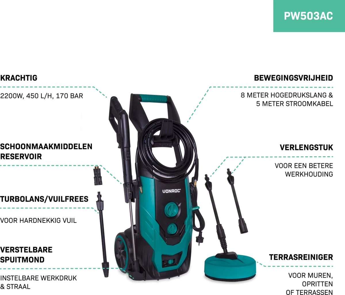 VONROC Hogedrukreiniger V22-2 2200W – 170 Bar – 450 L/h – Incl. 8m Slang, Terrasreiniger, Reinigingstank En Meer 7 VONROC Hogedrukreiniger V22-2 2200W – 170 Bar – 450 L/h – Incl. 8m Slang, Terrasreiniger, Reinigingstank En Meer - Afbeelding 5