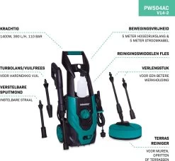 VONROC Hogedrukreiniger V14-2 - 1400W – 110 Bar – 390 L/h – Incl. 5m Slang, Reinigingsmiddelen Flesje, Terrasreiniger En Meer -Tuinverzorgings Winkel 1200x1110