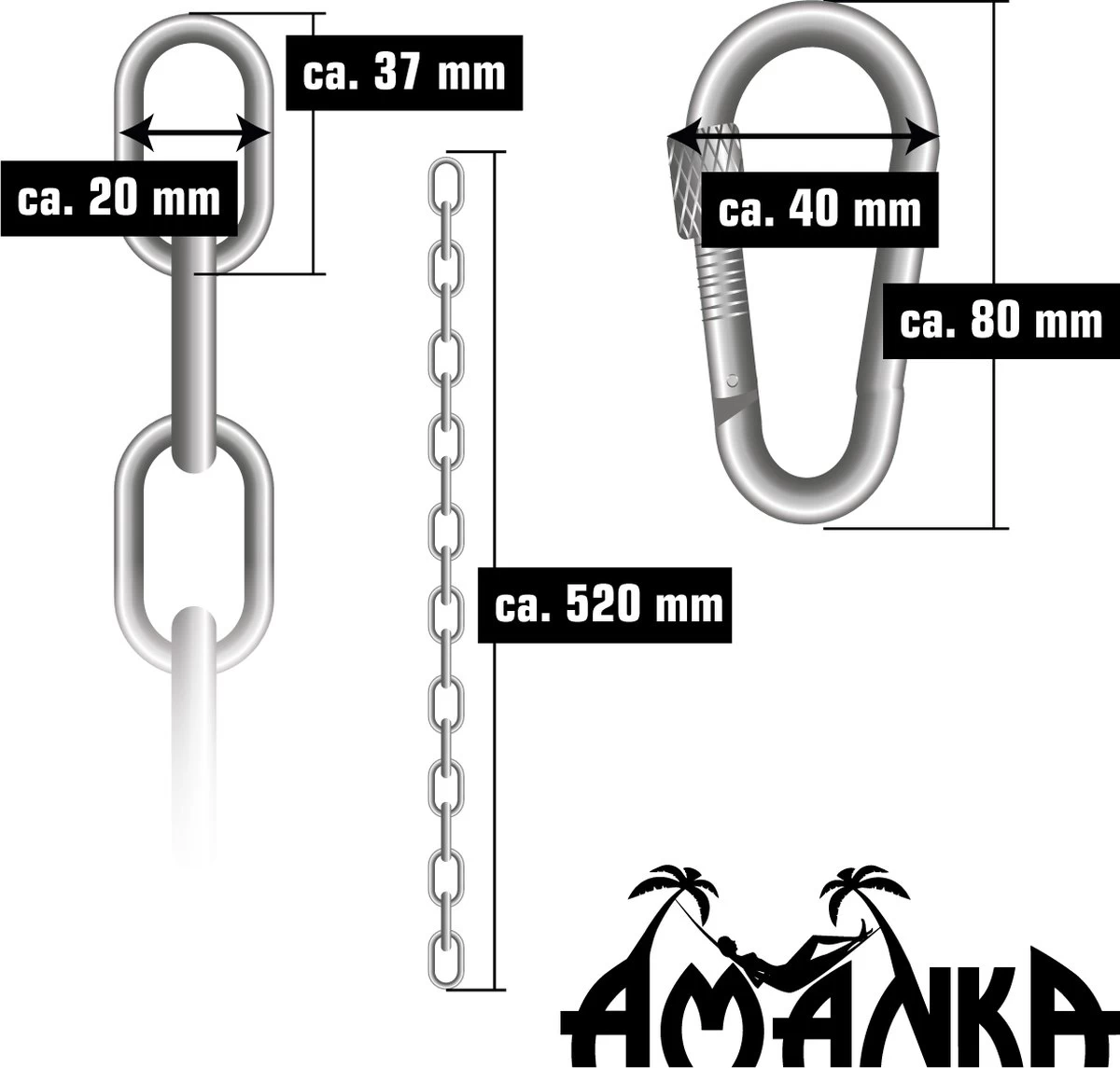 2x 50cm Hangende Stoelketting Tot 230kg - 4 Karabiners - Schommel Hangmat Bokszak Ophanging 7 2x 50cm Hangende Stoelketting Tot 230kg - 4 Karabiners - Schommel Hangmat Bokszak Ophanging - Afbeelding 5