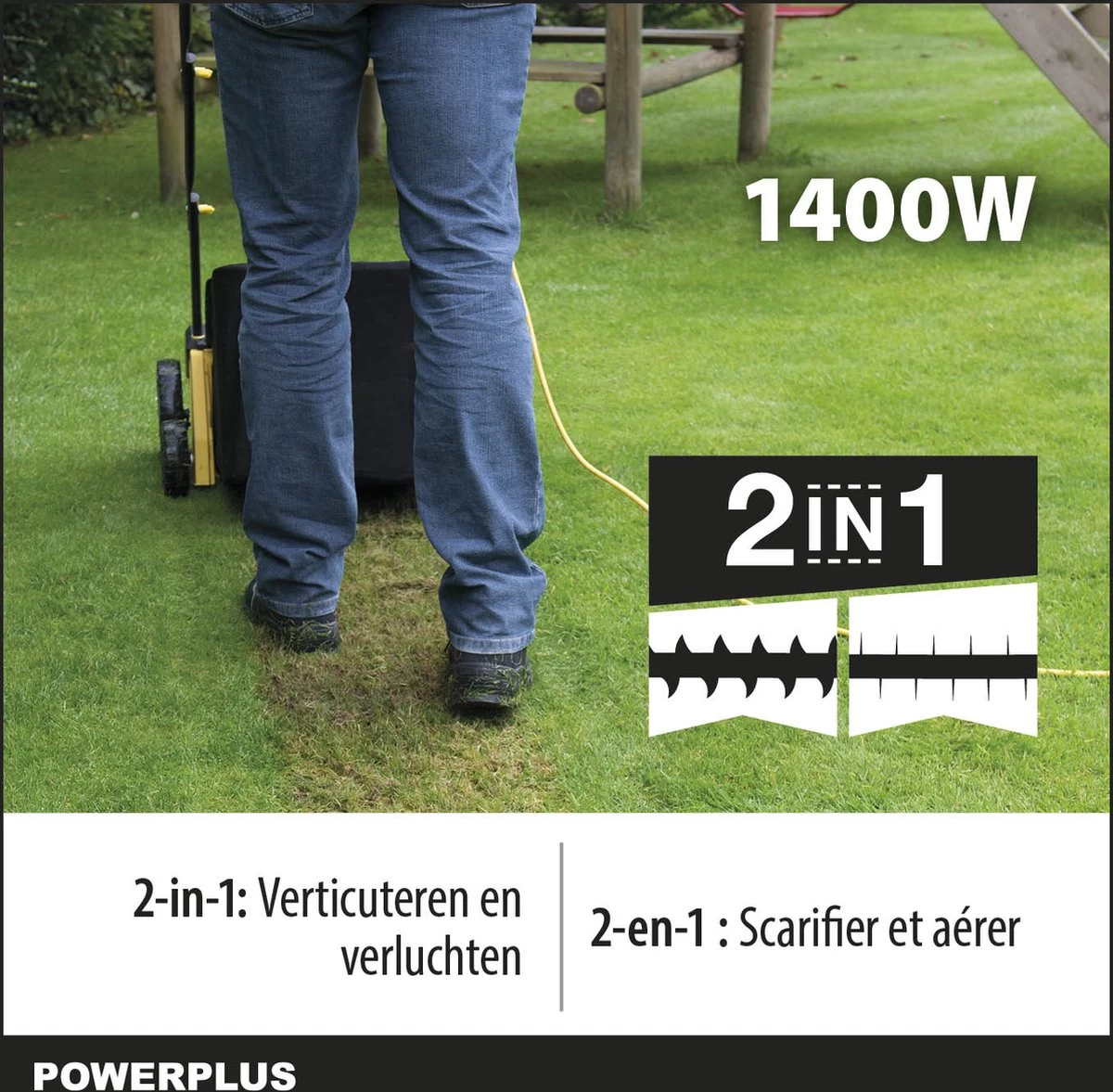 Powerplus POWXG7513 Elektrische Verticuteermachine - Mos Verwijderaar - 1400W - 320mm Maaibreedte - 45L Opvangbak - Incl. Gazonbeluchter/grasbeluchter 4 Powerplus POWXG7513 Elektrische Verticuteermachine - Mos Verwijderaar - 1400W - 320mm Maaibreedte - 45L Opvangbak - Incl. Gazonbeluchter/grasbeluchter - Afbeelding 2
