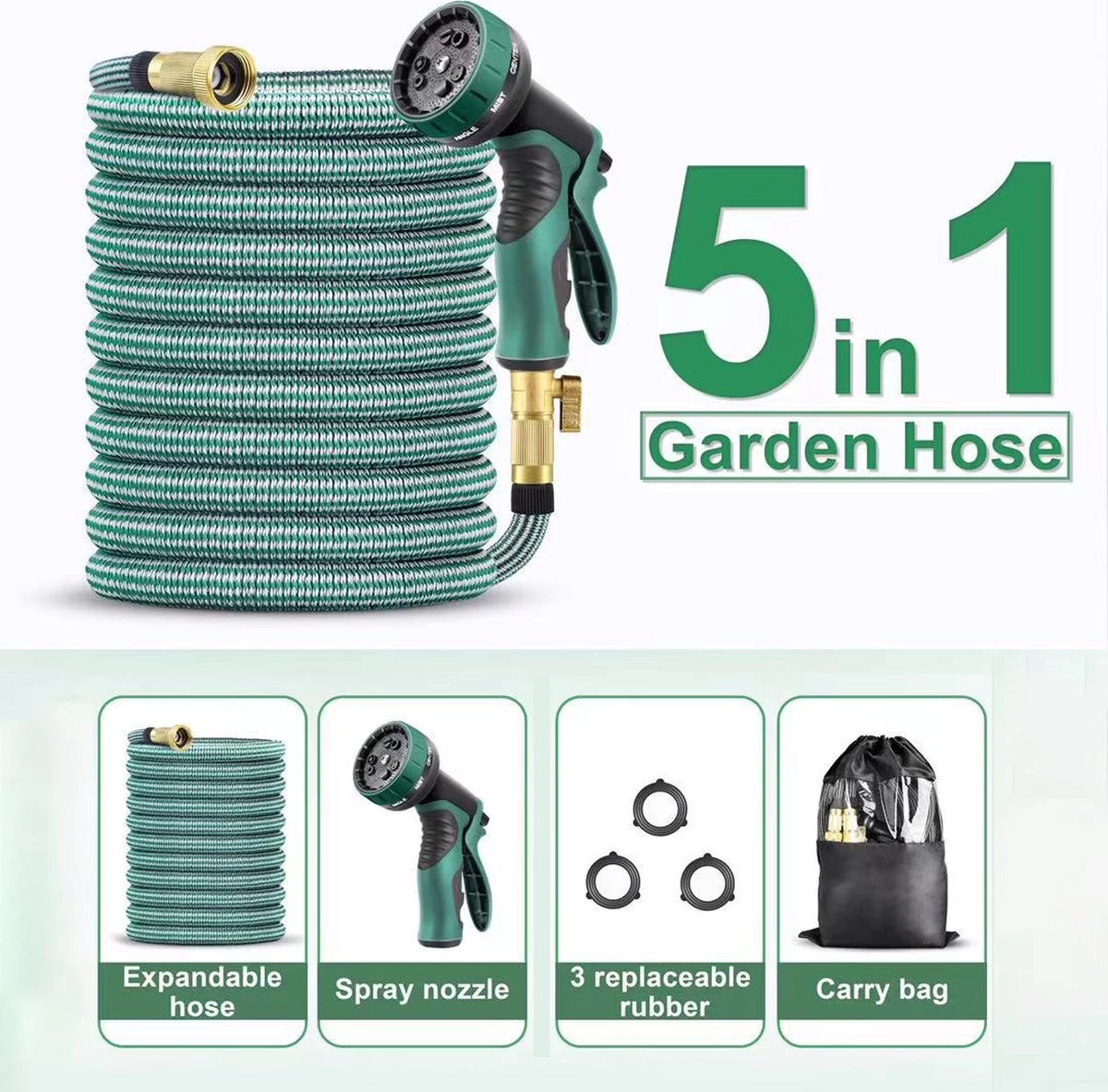 IBright Extra Sterke Uitrekbare Tuinslang - Flexibel - 15 Meter - Inclusief Opbergtas ,Sproeier ,Koppelstuk En Ophanghaak - Groen 7 IBright Extra Sterke Uitrekbare Tuinslang - Flexibel - 15 Meter - Inclusief Opbergtas ,Sproeier ,Koppelstuk En Ophanghaak - Groen - Afbeelding 5