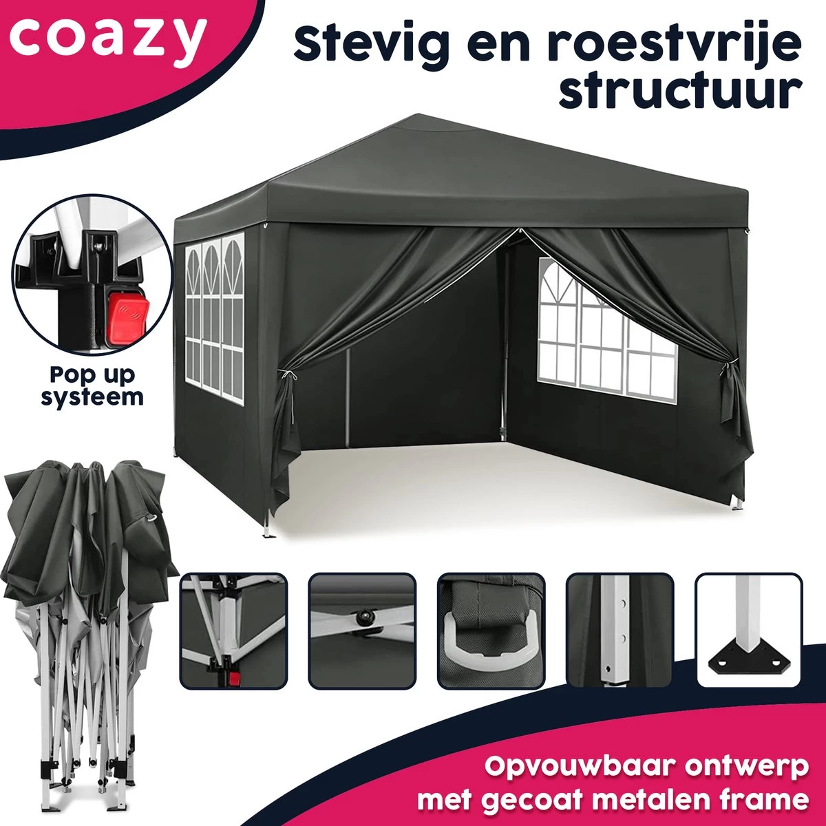Waterdichte Partytent 3x3 Meter Opvouwbaar Met Zijwanden- Paviljoen Met Zijpanelen - Easy Up - Pop-up Tent Met Haringen, Touw En Anti Slip Poten 4 Waterdichte Partytent 3x3 Meter Opvouwbaar Met Zijwanden- Paviljoen Met Zijpanelen - Easy Up - Pop-up Tent Met Haringen, Touw En Anti Slip Poten - Afbeelding 2