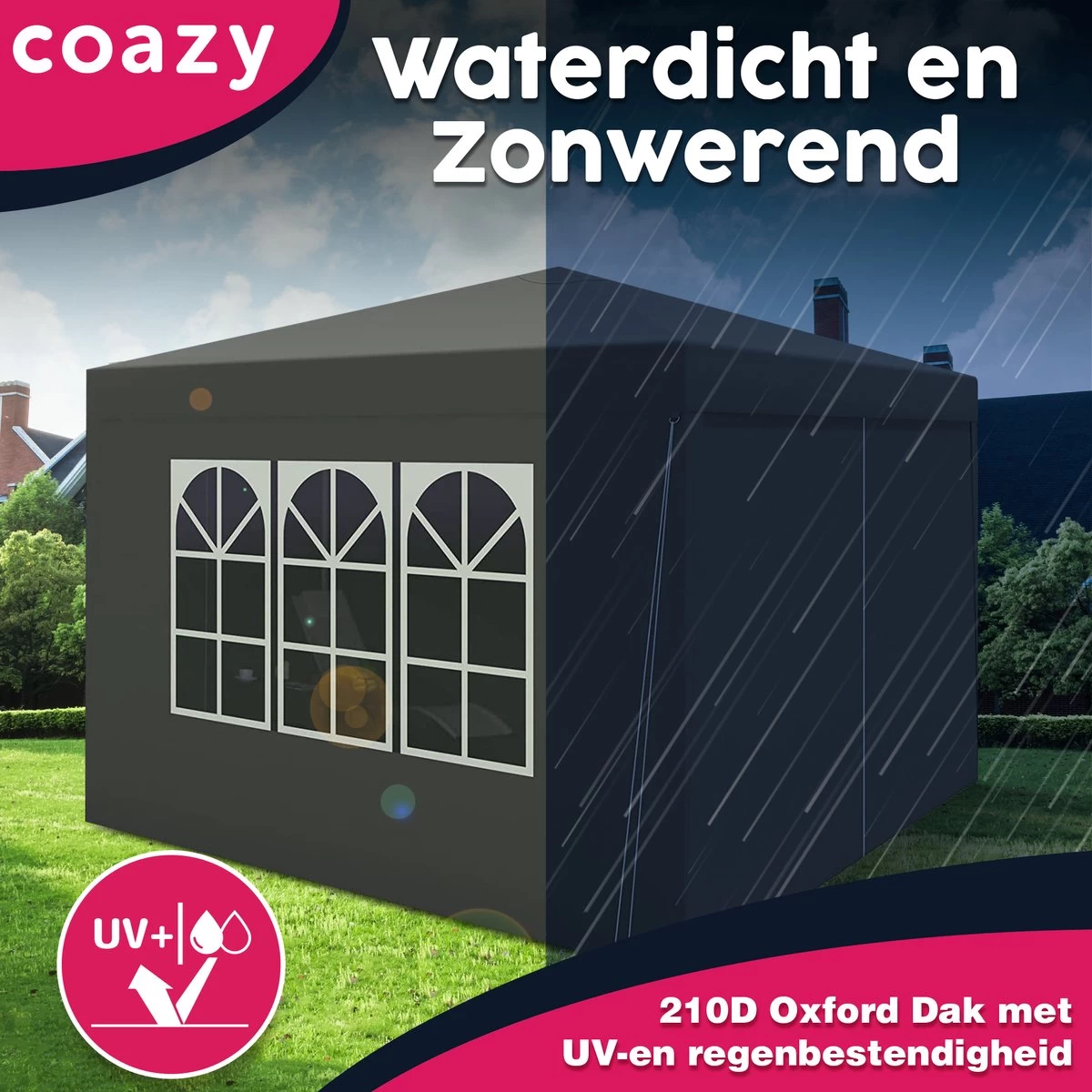 Waterdichte Partytent 3x3 Meter Opvouwbaar Met Zijwanden- Paviljoen Met Zijpanelen - Easy Up - Pop-up Tent Met Haringen, Touw En Anti Slip Poten 7 Waterdichte Partytent 3x3 Meter Opvouwbaar Met Zijwanden- Paviljoen Met Zijpanelen - Easy Up - Pop-up Tent Met Haringen, Touw En Anti Slip Poten - Afbeelding 5