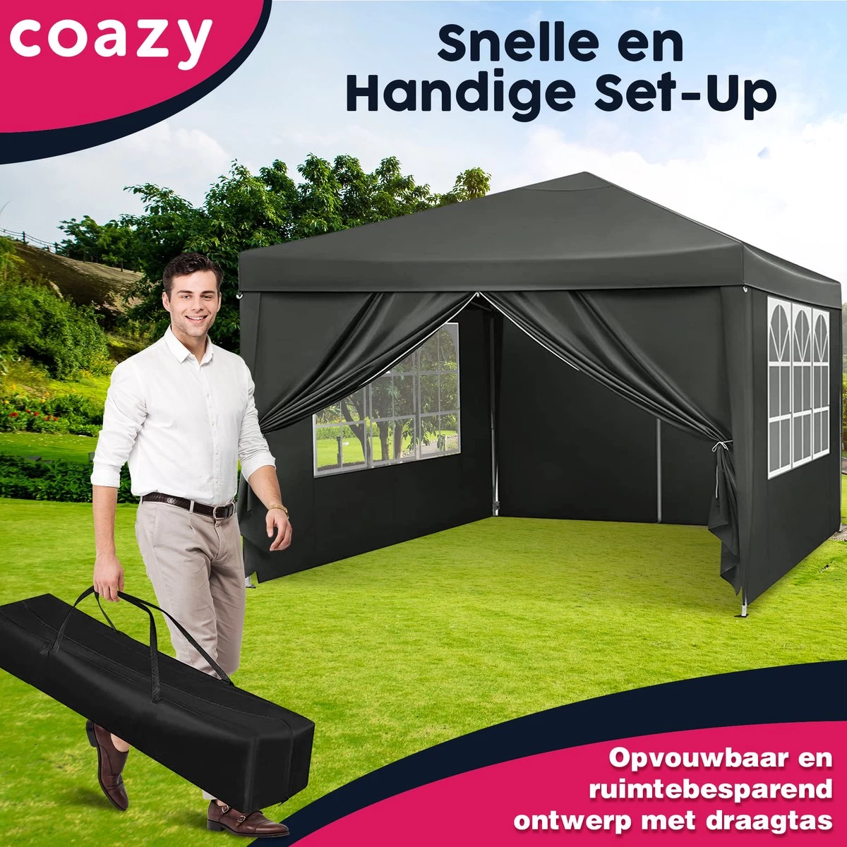 Waterdichte Partytent 3x3 Meter Opvouwbaar Met Zijwanden- Paviljoen Met Zijpanelen - Easy Up - Pop-up Tent Met Haringen, Touw En Anti Slip Poten 8 Waterdichte Partytent 3x3 Meter Opvouwbaar Met Zijwanden- Paviljoen Met Zijpanelen - Easy Up - Pop-up Tent Met Haringen, Touw En Anti Slip Poten - Afbeelding 6