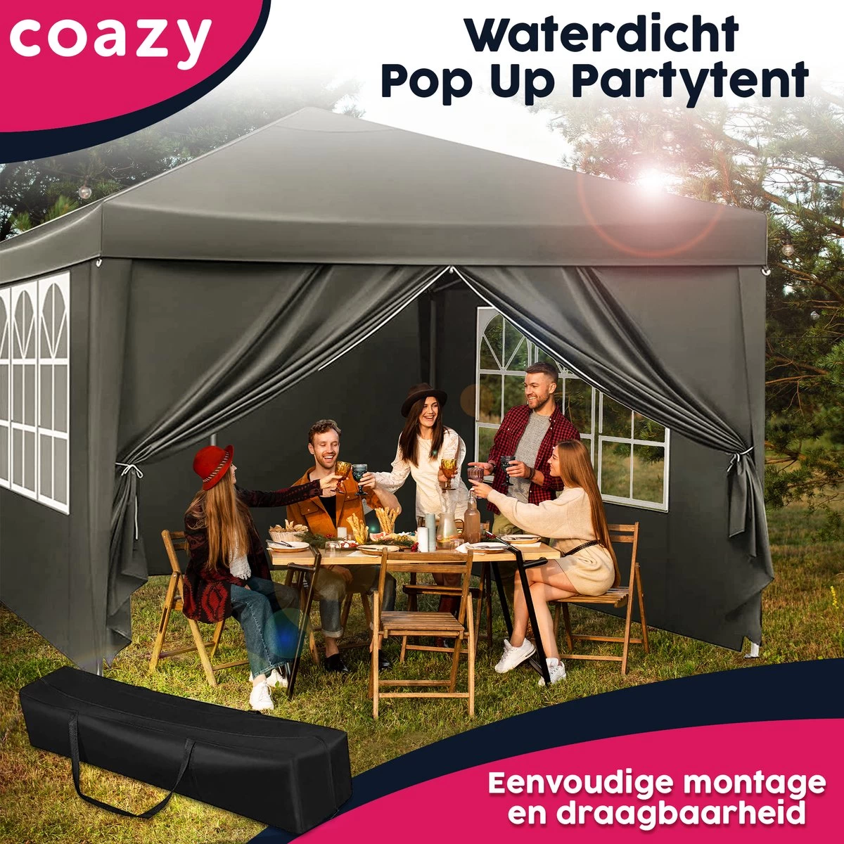 Waterdichte Partytent 3x3 Meter Opvouwbaar Met Zijwanden- Paviljoen Met Zijpanelen - Easy Up - Pop-up Tent Met Haringen, Touw En Anti Slip Poten 10 Waterdichte Partytent 3x3 Meter Opvouwbaar Met Zijwanden- Paviljoen Met Zijpanelen - Easy Up - Pop-up Tent Met Haringen, Touw En Anti Slip Poten - Afbeelding 8