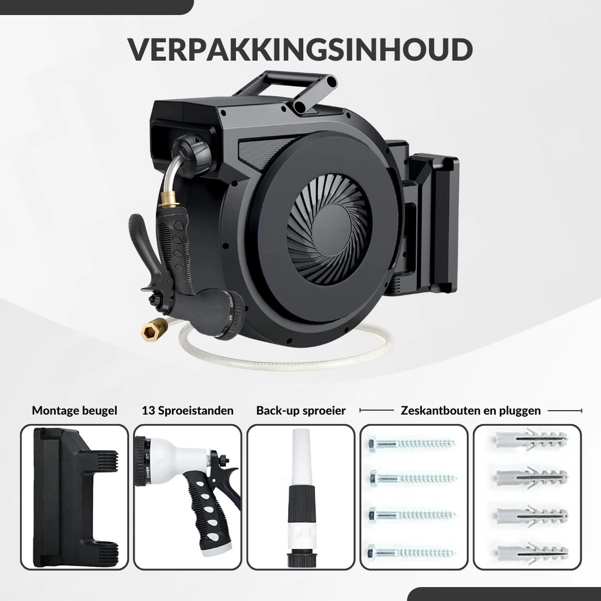 Buxibo - Wandslangenbox 20 Meter + 2 Meter - Tuinslang Met Haspel - 9 Sproei Standen - Slangenhouder 180° Draaibaar - Tuinslanghaspel Zwart+ Gratis Sproeier - Zwart 7 Buxibo - Wandslangenbox 20 Meter + 2 Meter - Tuinslang Met Haspel - 9 Sproei Standen - Slangenhouder 180° Draaibaar - Tuinslanghaspel Zwart+ Gratis Sproeier - Zwart - Afbeelding 5