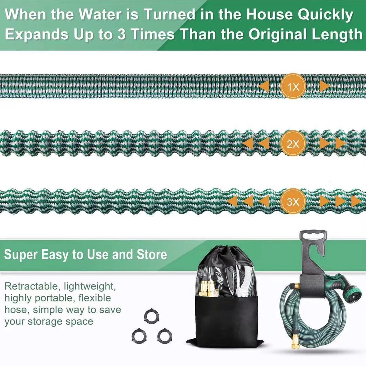 IBright Extra Sterke Uitrekbare Tuinslang - Flexibel - 15 Meter - Inclusief Opbergtas ,Sproeier ,Koppelstuk En Ophanghaak - Groen 5 IBright Extra Sterke Uitrekbare Tuinslang - Flexibel - 15 Meter - Inclusief Opbergtas ,Sproeier ,Koppelstuk En Ophanghaak - Groen - Afbeelding 3