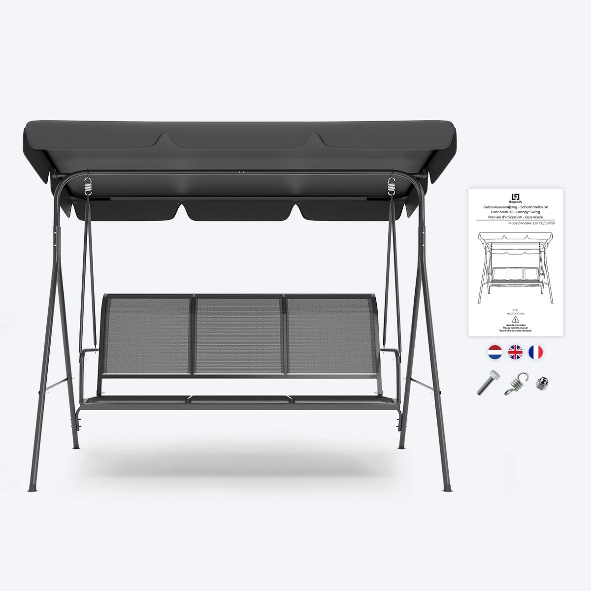 LifeGoods Schommelbank - 3-zits - Tot 250KG - Kantelbaar Dak - UV-bestendig Zonnescherm - 172x104x162cm - Grijs 9 LifeGoods Schommelbank - 3-zits - Tot 250KG - Kantelbaar Dak - UV-bestendig Zonnescherm - 172x104x162cm - Grijs - Afbeelding 7
