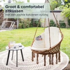 Vita5 Macramé Hangstoel - Voor Binnen En Buiten - Zonder Standaard - Incl. Kussen, Boekenvak En Beschermhoes - Tot 150kg - Bruin/Beige -Tuinverzorgings Winkel 1200x1200 234