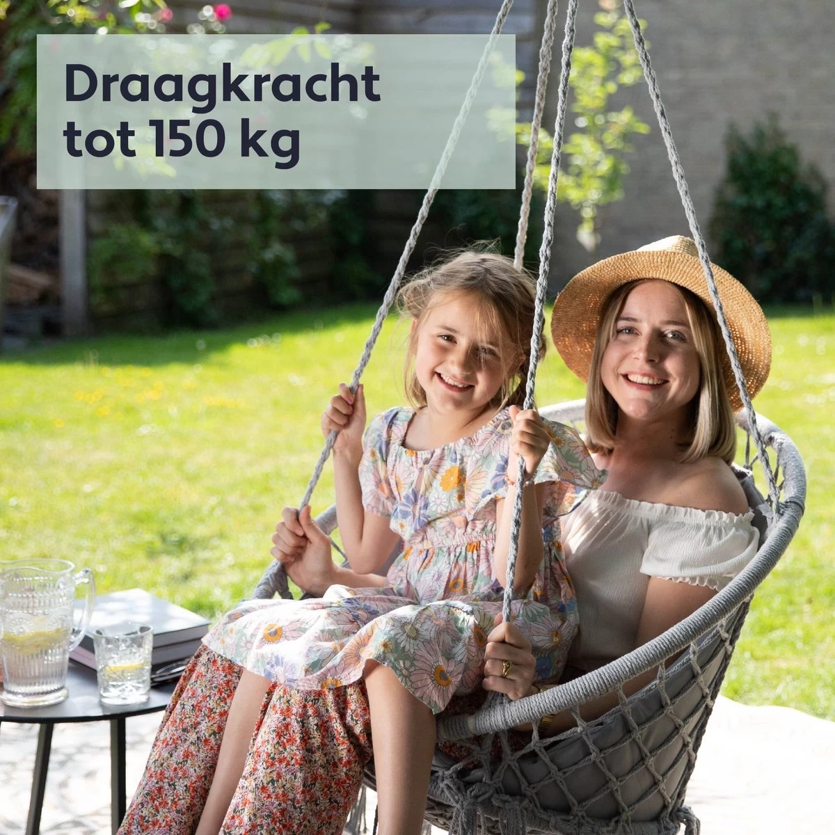 Vita5 Macramé Hangstoel - Voor Binnen En Buiten - Zonder Standaard - Incl. Kussen, Boekenvak En Beschermhoes - Tot 150kg - Grijs 7 Vita5 Macramé Hangstoel - Voor Binnen En Buiten - Zonder Standaard - Incl. Kussen, Boekenvak En Beschermhoes - Tot 150kg - Grijs - Afbeelding 5