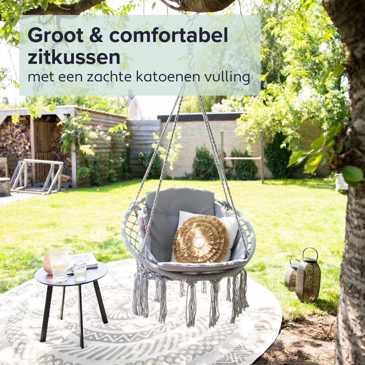 Vita5 Macramé Hangstoel - Voor Binnen En Buiten - Zonder Standaard - Incl. Kussen, Boekenvak En Beschermhoes - Tot 150kg - Grijs 8 Vita5 Macramé Hangstoel - Voor Binnen En Buiten - Zonder Standaard - Incl. Kussen, Boekenvak En Beschermhoes - Tot 150kg - Grijs - Afbeelding 6