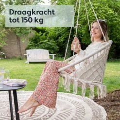 Vita5 Macramé Hangstoel - Voor Binnen En Buiten - Zonder Standaard - Incl. Kussen, Boekenvak En Beschermhoes - Tot 150kg - Beige -Tuinverzorgings Winkel 1200x1200 262
