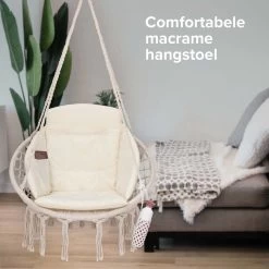 Vita5 Macramé Hangstoel - Voor Binnen En Buiten - Zonder Standaard - Incl. Kussen, Boekenvak En Beschermhoes - Tot 150kg - Beige -Tuinverzorgings Winkel 1200x1200 265