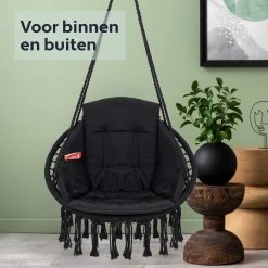 Vita5 Macramé Hangstoel - Voor Binnen En Buiten - Zonder Standaard - Incl. Kussen, Boekenvak En Beschermhoes - Tot 150kg - Zwart -Tuinverzorgings Winkel 1200x1200 330