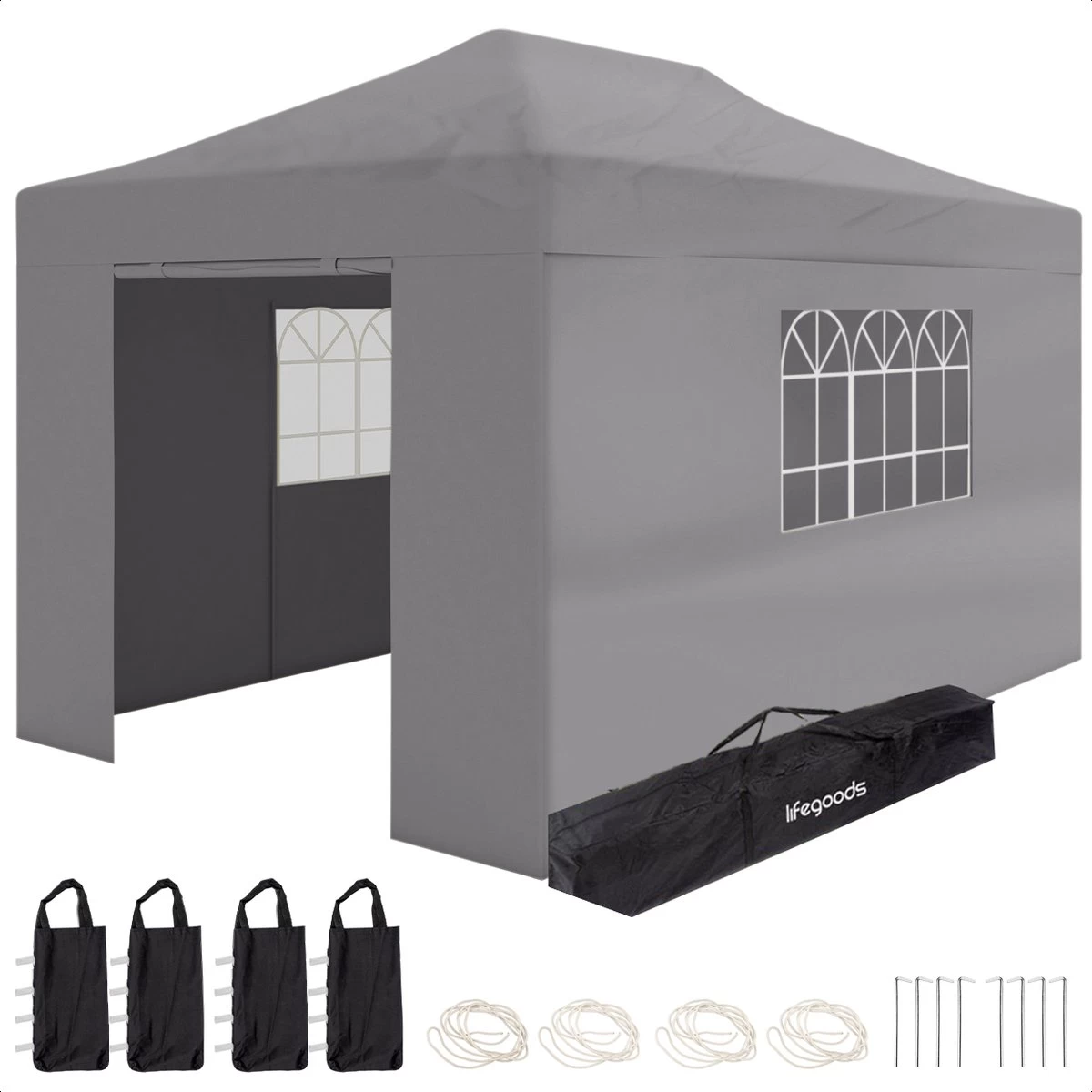 LifeGoods Partytent - 3x4.5 M - Zijwanden - Easy Up - Opvouwbaar - Waterdicht - Draagtas Met Wieltjes - Donkergrijs 3 LifeGoods Partytent - 3x4.5 M - Zijwanden - Easy Up - Opvouwbaar - Waterdicht - Draagtas Met Wieltjes - Donkergrijs