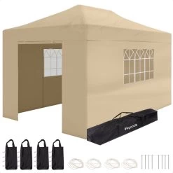 LifeGoods Partytent - 3x4.5 M - Zijwanden - Easy Up - Opvouwbaar - Waterdicht - Draagtas Met Wieltjes - Beige