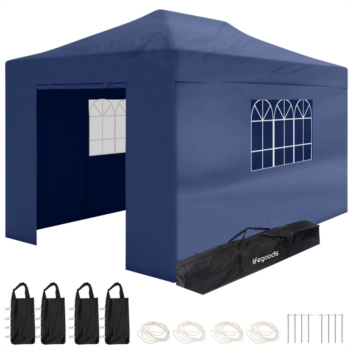 LifeGoods Partytent - 3x4.5 M - Zijwanden - Easy Up - Opvouwbaar - Waterdicht - Draagtas Met Wieltjes - Donkerblauw 3 LifeGoods Partytent - 3x4.5 M - Zijwanden - Easy Up - Opvouwbaar - Waterdicht - Draagtas Met Wieltjes - Donkerblauw