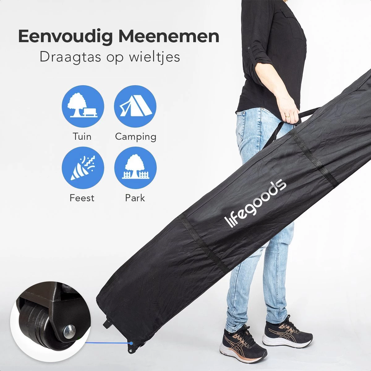 LifeGoods Partytent - 3x4.5 M - Zijwanden - Easy Up - Opvouwbaar - Waterdicht - Draagtas Met Wieltjes - Donkerblauw 4 LifeGoods Partytent - 3x4.5 M - Zijwanden - Easy Up - Opvouwbaar - Waterdicht - Draagtas Met Wieltjes - Donkerblauw - Afbeelding 2