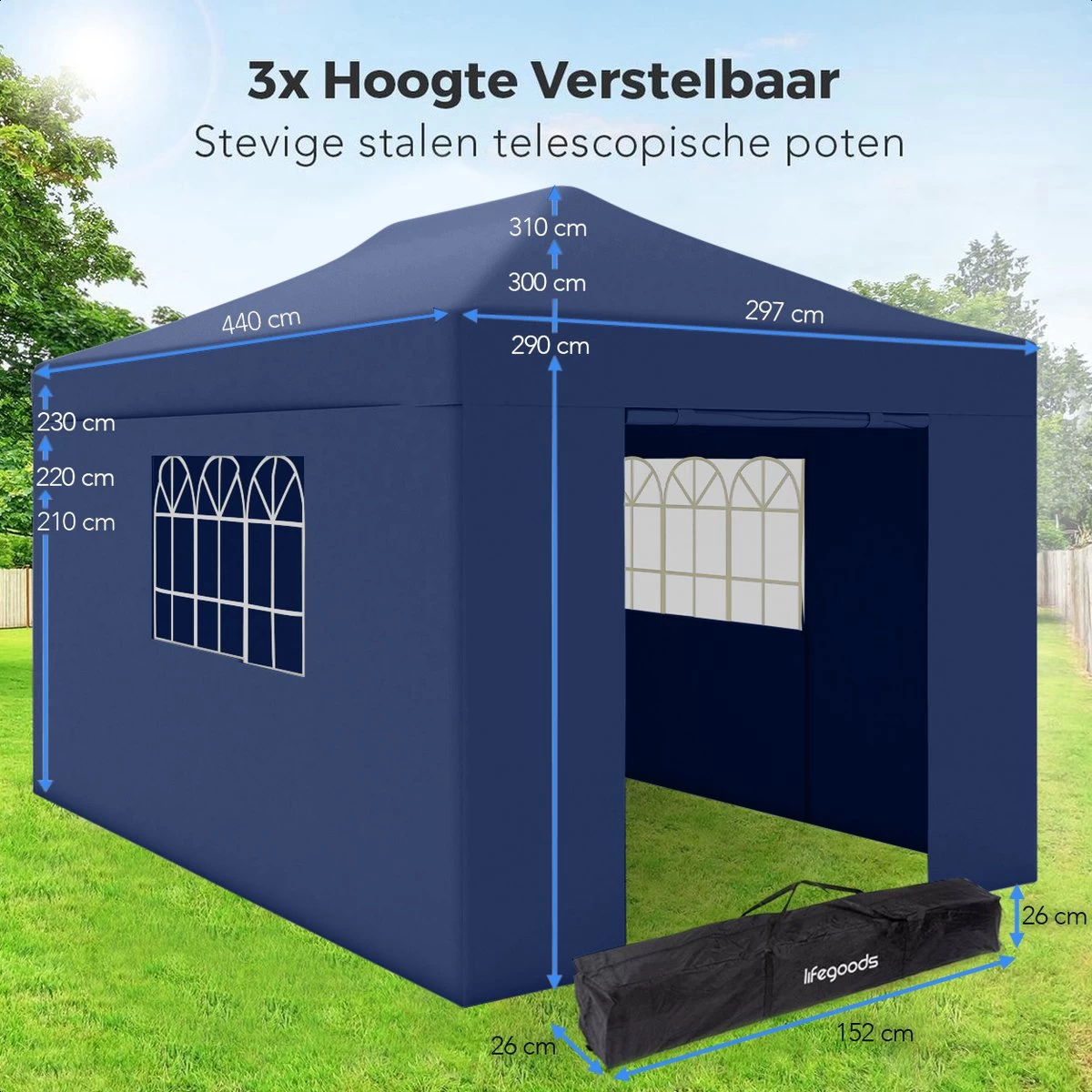 LifeGoods Partytent - 3x4.5 M - Zijwanden - Easy Up - Opvouwbaar - Waterdicht - Draagtas Met Wieltjes - Donkerblauw 7 LifeGoods Partytent - 3x4.5 M - Zijwanden - Easy Up - Opvouwbaar - Waterdicht - Draagtas Met Wieltjes - Donkerblauw - Afbeelding 5