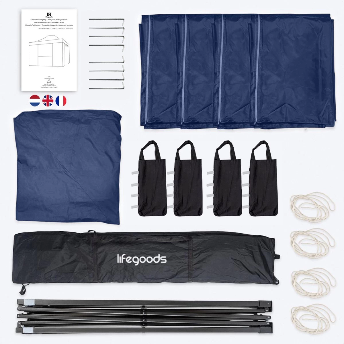 LifeGoods Partytent - 3x4.5 M - Zijwanden - Easy Up - Opvouwbaar - Waterdicht - Draagtas Met Wieltjes - Donkerblauw 12 LifeGoods Partytent - 3x4.5 M - Zijwanden - Easy Up - Opvouwbaar - Waterdicht - Draagtas Met Wieltjes - Donkerblauw - Afbeelding 10