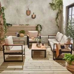 Loungeset 5 Plaatsen Van Aluminium En Eucalyptus – NAZCA – Antraciet Structuur, Lichtgrijs Kussens -Tuinverzorgings Winkel 1200x1200 741