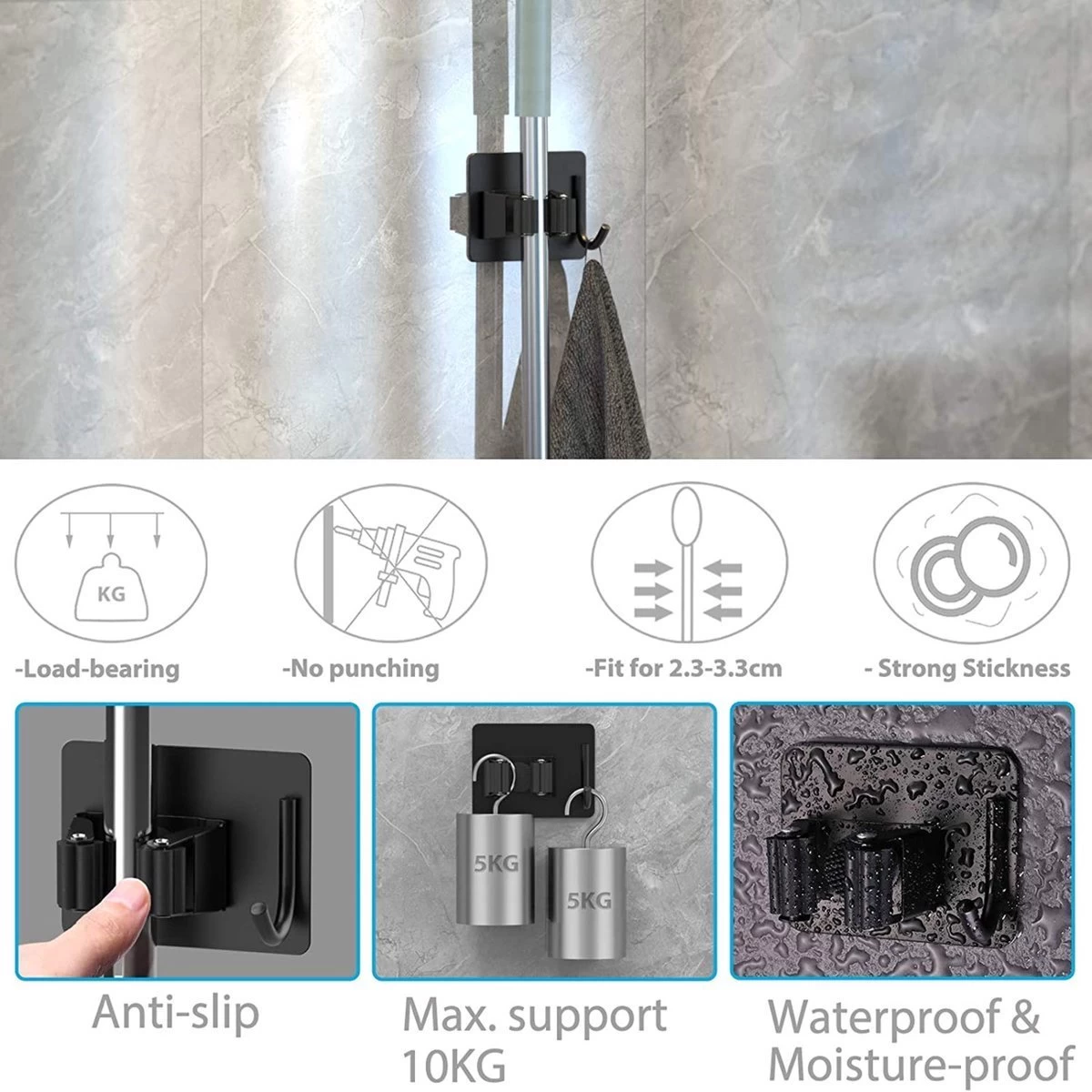 BOTC Bezemhouder - 4 Stuks - RVS - Bezem Ophangsysteem - Bezem Houder - Tuingereedschap - Zwart 4 BOTC Bezemhouder - 4 Stuks - RVS - Bezem Ophangsysteem - Bezem Houder - Tuingereedschap - Zwart - Afbeelding 2