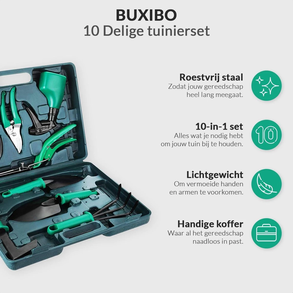 Tuinierset 10 Delig Met Complete Gereedschapskoffer Set Inclusief Tuinschaar, Handschep, Handhark, Plantenspuit, Haakvormige Voegenkrabber, Bloemenschepje, Bloemenschaar, Grasschaar En Heggenschaar 8 Tuinierset 10 Delig Met Complete Gereedschapskoffer Set Inclusief Tuinschaar, Handschep, Handhark, Plantenspuit, Haakvormige Voegenkrabber, Bloemenschepje, Bloemenschaar, Grasschaar En Heggenschaar - Afbeelding 6