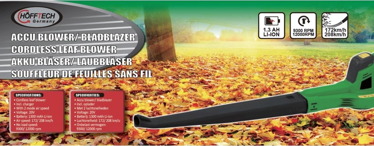 Hofftech Draadloze Bladblazer Met Accu - 20 V 1300 Mah 4 Hofftech Draadloze Bladblazer Met Accu - 20 V 1300 Mah - Afbeelding 2