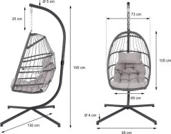 Pro Garden Lowander Hangstoel Egg 191x126x126- Schommelstoel Met Rattan Cocoon En Robuust Stalen Standaard Incl. Kussens - Volledig Inklapbaar - Lichtgrijs -Tuinverzorgings Winkel 1200x943