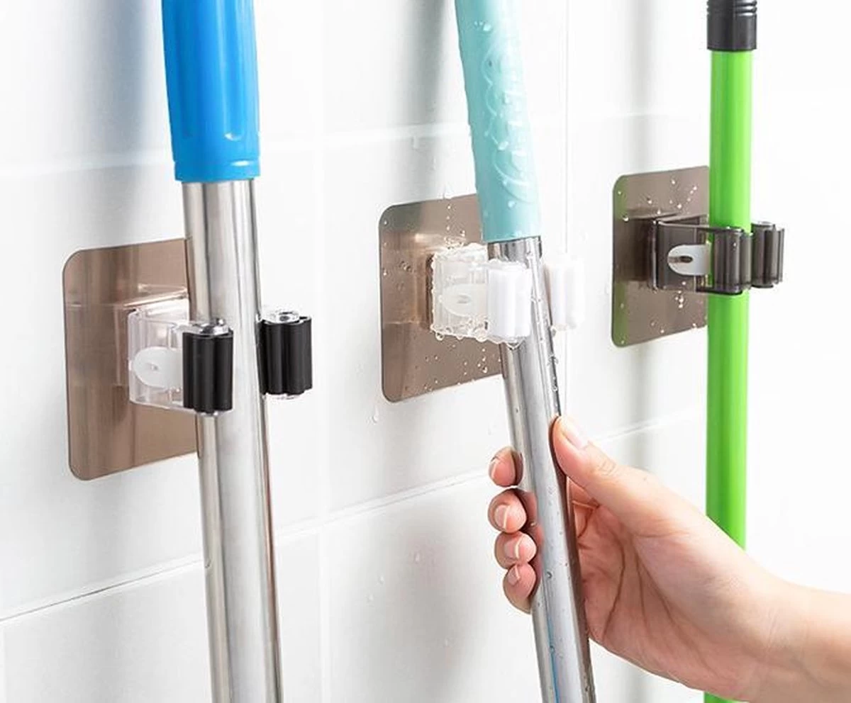 Bezem Houder - Zelfklevend - Zilverkleurig 3 Bezem Houder - Zelfklevend - Zilverkleurig