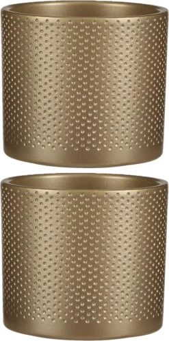 2x Stuks Bloempot In Kleur Relief Goud Keramiek Voor Kamerplant H12.5 X D13.5 Cm- Plantenpotten Binnen