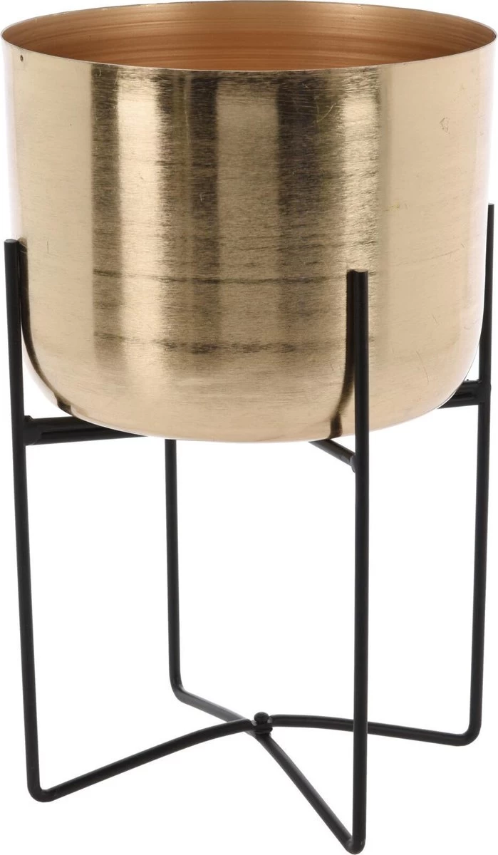 Merkloos Luxe Plantenpot/bloempot Goud Van 22 X 22 Cm Op Een Zwarte Metalen Standaard Met Een Hoogte Van 36 Cm 3 Merkloos Luxe Plantenpot/bloempot Goud Van 22 X 22 Cm Op Een Zwarte Metalen Standaard Met Een Hoogte Van 36 Cm