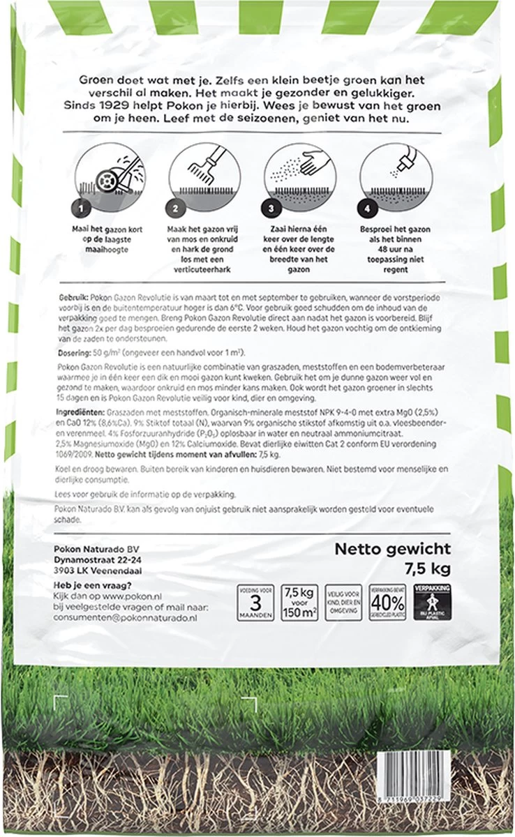 Pokon Gazon Revolutie - 7,5kg - Gazonmest / Graszaad / Bodemverbeteraar - Geschikt Voor 150m² - Binnen 15 Dagen Resultaat 3 Pokon Gazon Revolutie - 7,5kg - Gazonmest / Graszaad / Bodemverbeteraar - Geschikt Voor 150m² - Binnen 15 Dagen Resultaat - Afbeelding 2