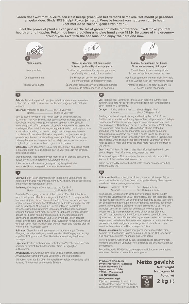 Pokon Gazonmest Met Kalk - 2kg - Mest - Geschikt Voor 30m² - 120 Dagen Voeding 8 Pokon Gazonmest Met Kalk - 2kg - Mest - Geschikt Voor 30m² - 120 Dagen Voeding - Afbeelding 6