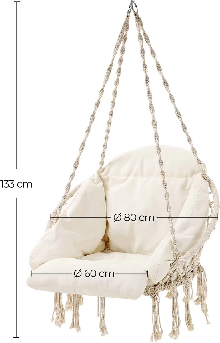 Hangstoel, Hangschommel, Hangstoel Met Een Dik Kussen, Tot 120 Kg Belastbaar, Voor Tuin, Balkon, Woonkamer, Terras, Scandinavische Stijl, Modern, Beige HMDC042M01 8 Hangstoel, Hangschommel, Hangstoel Met Een Dik Kussen, Tot 120 Kg Belastbaar, Voor Tuin, Balkon, Woonkamer, Terras, Scandinavische Stijl, Modern, Beige HMDC042M01 - Afbeelding 6