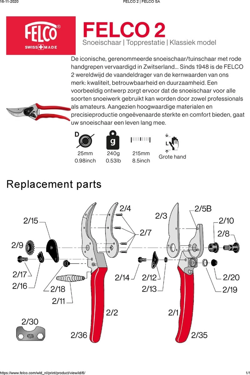 Felco 2 Snoeischaar - Rechtshandig - Max. Knipdiameter 25 Mm - Lengte 215 Mm 4 Felco 2 Snoeischaar - Rechtshandig - Max. Knipdiameter 25 Mm - Lengte 215 Mm - Afbeelding 2
