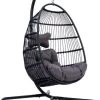 Merkloos Hangstoel Norway - Zwart Wicker & Touw Luxe Egg Hangstoel Met Dikke Antraciete Kussens Met Frame - Inklapbare Basket