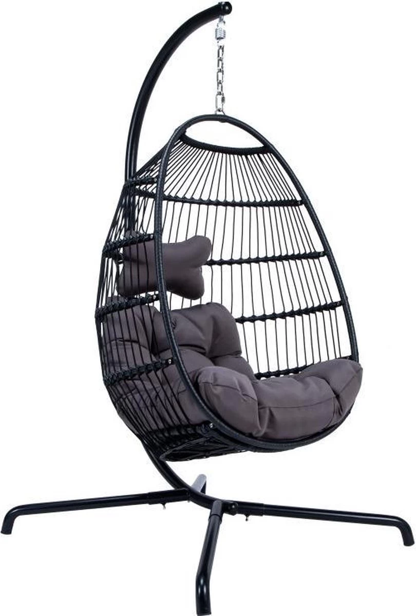 Merkloos Hangstoel Norway - Zwart Wicker & Touw Luxe Egg Hangstoel Met Dikke Antraciete Kussens Met Frame - Inklapbare Basket 3 Merkloos Hangstoel Norway - Zwart Wicker & Touw Luxe Egg Hangstoel Met Dikke Antraciete Kussens Met Frame - Inklapbare Basket