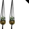 Merkloos Luxe Plantenhangers | Zwart | Set Van 2 Stuks | 100% Katoen | 100% Handgemaakt | Houten Ring | Macramé | Plantenpot Ophangen | Binnen & Buiten | Planten | TheOldOmen |